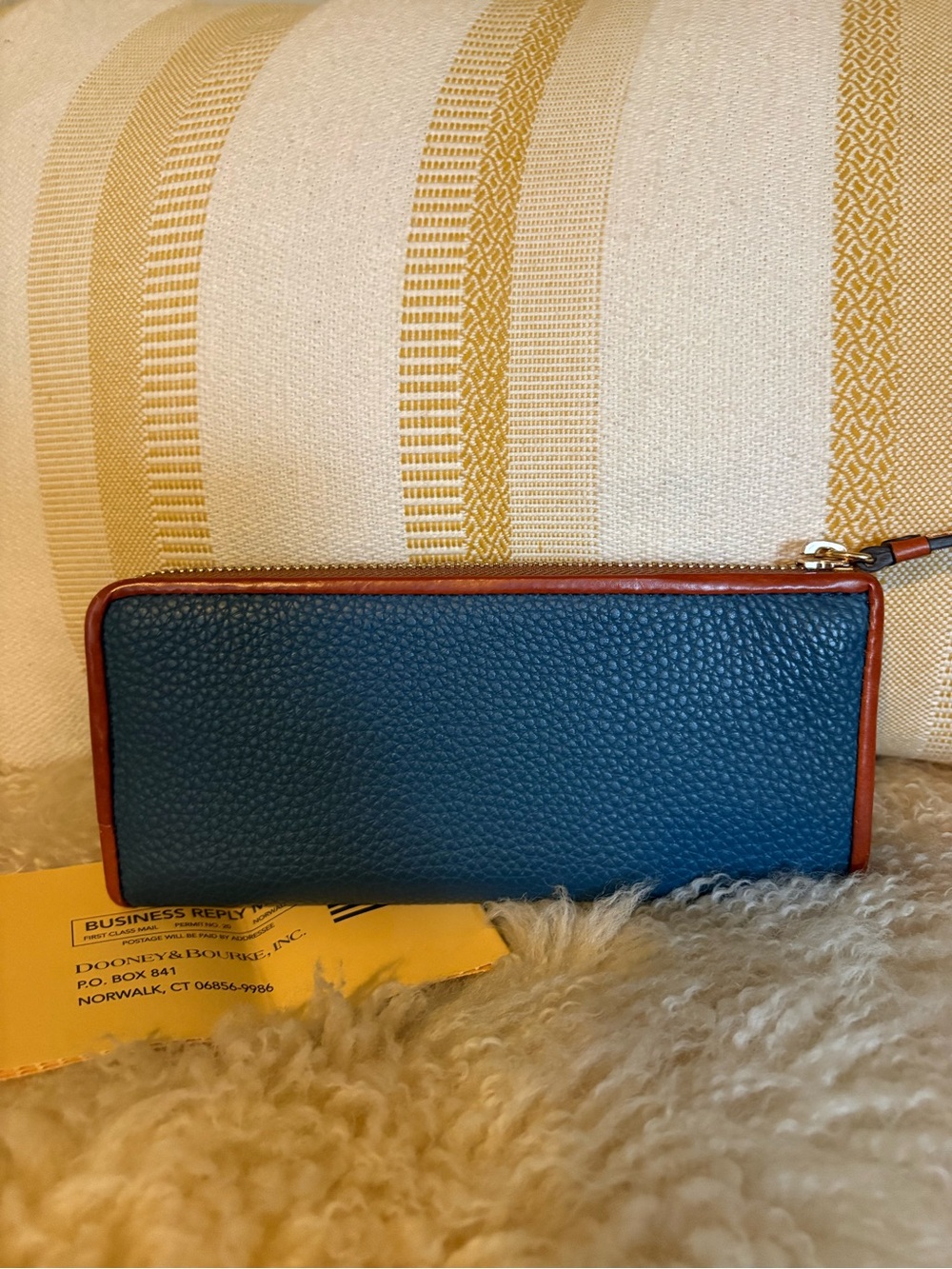 Dooney & Bourke Navy Pebble Leather Zip Wallet with Brown Trim - Picture 2 of 6